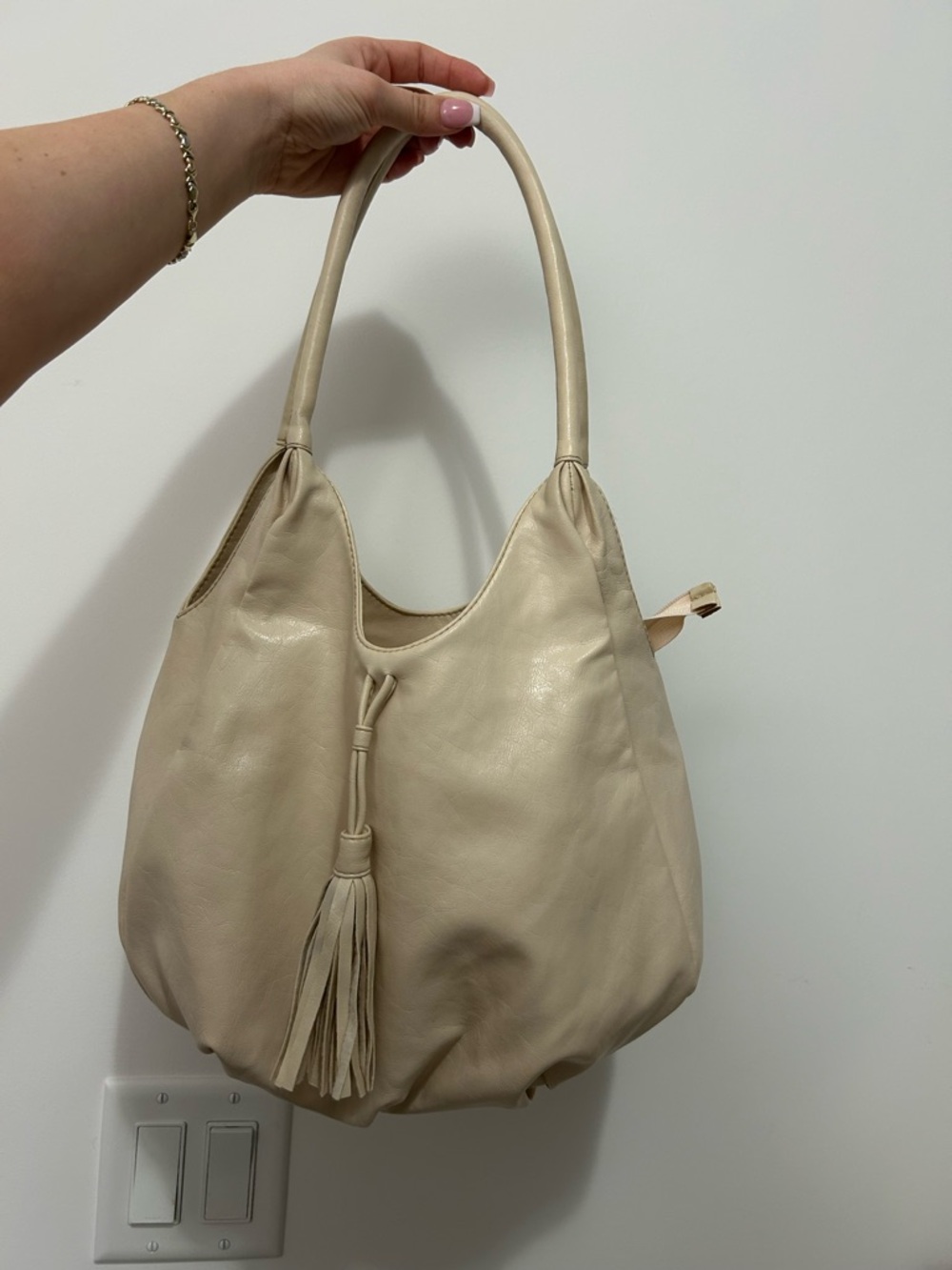 Cream Leather Tassel Hobo Bag - Women